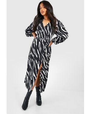 Boohoo Petite Animal Print Blouson Sleeve Midaxi Dress - Black