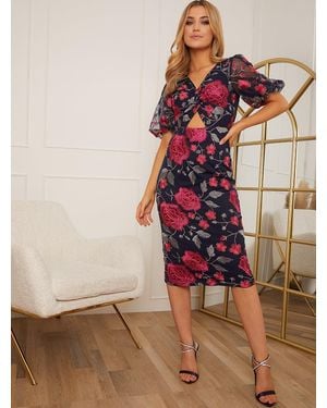 Chi Chi London V Neck Floral Embroidered Bodycon Dress
