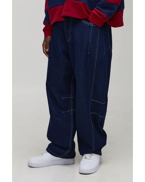 BoohooMAN Balloon Fit Washed Contrast Stitch Jeans - Blue