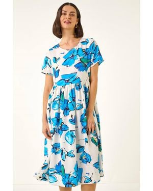 Roman Floral Smock Midi Dress - Blue