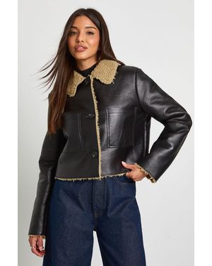 Boohoo Fur Collared Pu Aviator - Blue