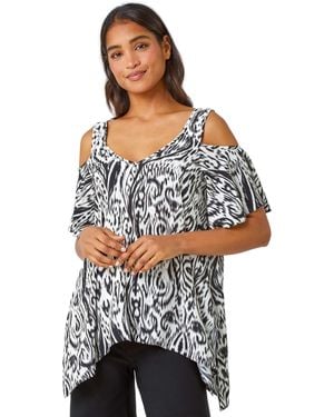 Roman Aztec Cold Shoulder Hanky Hem Top - Grey