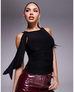 Kaiia Exclusive Double Layered Slinky Ruched Drape Detail Sleeveless Top - Black
