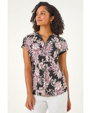 Roman Floral Puff Print Lace Stretch Top - White