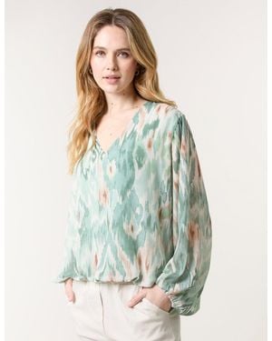 Blue Vanilla V Neck Watercolour Print Blouse - Blue