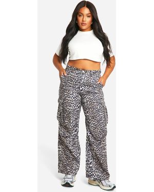 Boohoo Plus Washed Leopard Cargo Trouser - Grey