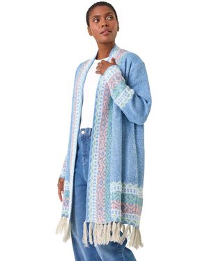 Roman Patterened Fringe Cardigan - Blue