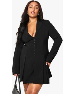 Boohoo Plus Tailored Hook & Eye Detail Cinched Waist Blazer Dress - Black