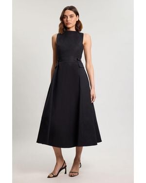 Karen Millen Premium Cotton Tailored Fabric Belted Buckle Midi Dress - Black