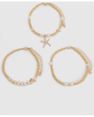 Boohoo Starfish & Pearl 3 Pack Bracelets - White