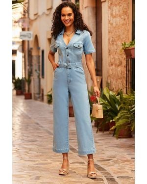 Sosandar Light Wash D Ring Belt Culotte Denim Jumpsuit - Blue
