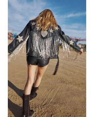 Nasty Gal Real Leather Star And Heart Patched Tassel Oversized Jacket - Blue