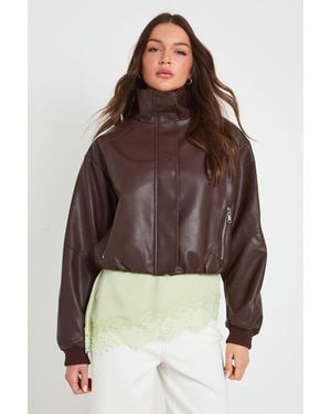 Boohoo Funnel Neck Zip Pockets Faux Leather Jacket - Brown
