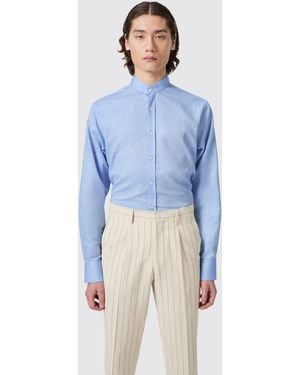 Shelby and Sons Saunders Slim Fit Grandad Collar Linen Shirt - Blue