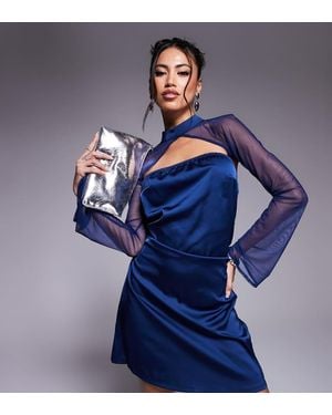 In The Style X Perrie Sian Exclusive High Neck Flared Sheer Sleeve Cutout Satin Mini Dress - Blue