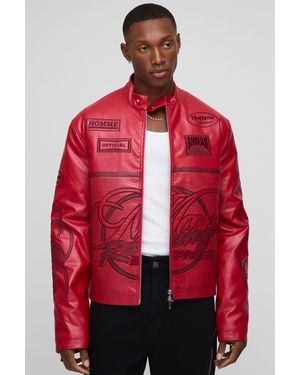 BoohooMAN Regular Fit Racing Pu Biker Jacket - Red