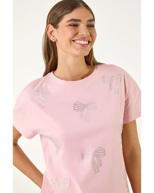 Roman Bow Embellished Cotton T-Shirt - Pink