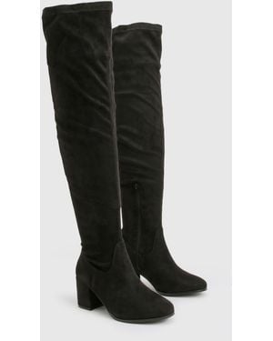 Boohoo Wide Fit Faux Suede Block Heel Knee High Boots - Black