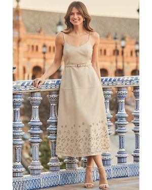 Sosandar Ecru Faux Leather Floral Trim Fit & Flare Dress With Belt - Natural