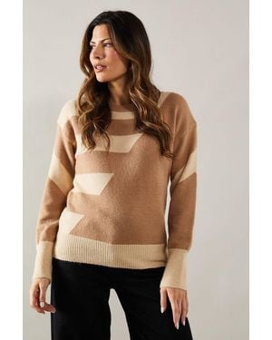 Wallis Spliced Stripe Crew Neck Jumper - Natural