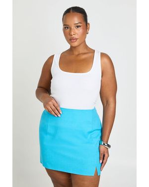 Boohoo Plus Linen Look Split Front Mini Skirt - Blue