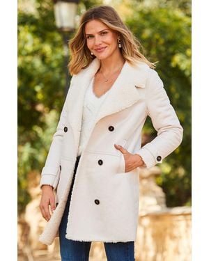 Sosandar Ecru Luxe Faux Shearling Double Breasted Coat - Green