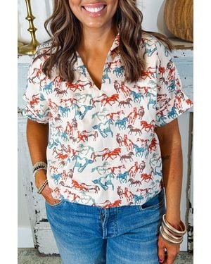 Azura Exchange Witte Paard Gallopperende Allover Print Split Hals Plus Size Blouse - Blauw