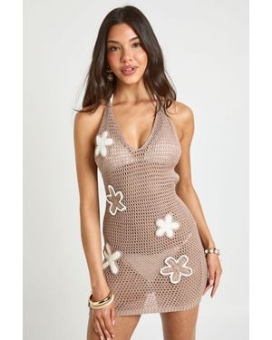 Boohoo Crochet Floral Corsage Halter Mini Dress - Multicolour