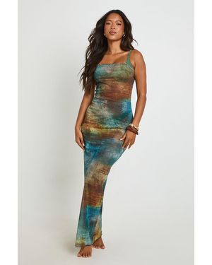 Boohoo Abstract Print Sheer Mesh Cowl Neck Low Back Maxi Beach Dress - Blue