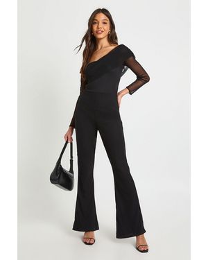 Boohoo Mesh Asymmetric Bardot Jumpsuit - Black