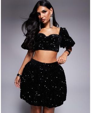 ASOS Velvet Embellished Co-Ord Puff Sleeve Top - Black