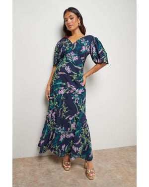 Oasis Petite Printed Chiffon Puff Sleeve Fishtail Midaxi Dress - Blue