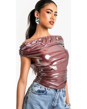 Boohoo Shimmer Drape Ruched Side Top - Red