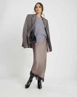 River Island Midi Skirt Lace Trim Satin - Grey