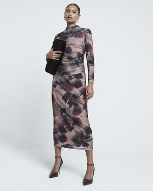 River Island Midi Skirt Floral Mesh - Natural
