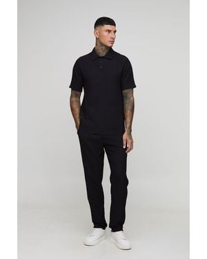 BoohooMAN Tall Pleated Regular Fit Polo & Tapered Trouser Set - Blue