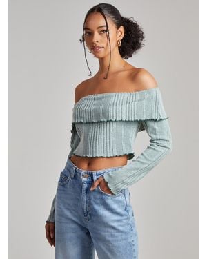 Pink Vanilla Wide Brushed Ribbed Bardot Top - Blue