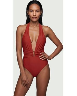 Karen Millen Halter Neck Hardware Detail Plunge Swimsuit - Red