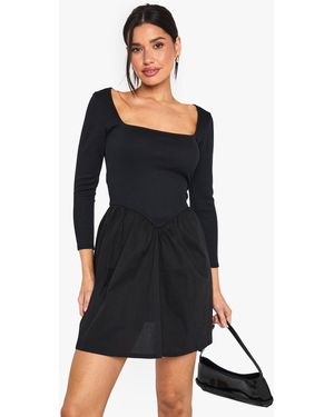 Boohoo Tall Jersey Rib Cotton Mix Long Sleeve Mini Dress - Black