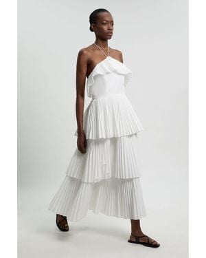 Karen Millen Petite Cotton Poplin Pleat Detail Halterneck Woven Maxi Dress - White