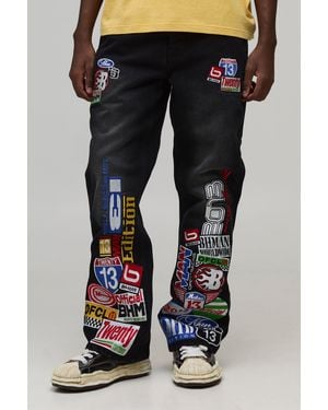 BoohooMAN Straight Flared Applique Badge Varsity Jeans - Blue