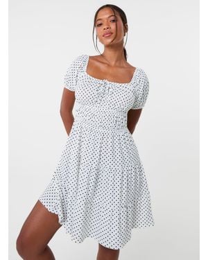 Pink Vanilla Puff Sleeve Polka Dot Tiered Mini Dress - White