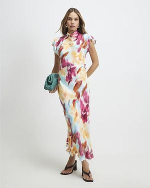 River Island Maxi Column Dress Floral Tie Dye Short Sleeve - Grey