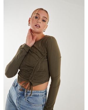 Pink Vanilla Long Sleeve Ruched Asymmetric Top - Brown