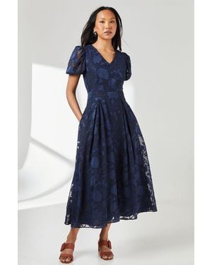 PRINCIPLES Floral Jacquard Puff Sleeve Midi Dress - Blue