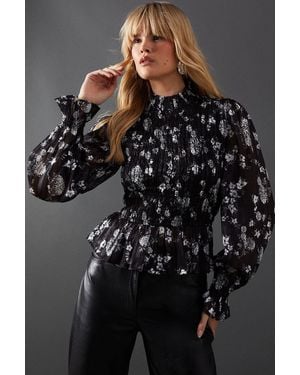 Warehouse Satin Shadow Stripe Shirring Peplum Hem Top - Black