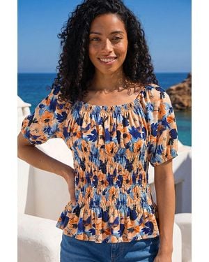 Roman Floral Print Shirred Bardot Top - Blue