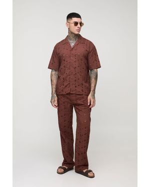 BoohooMAN Tall Oversized Broderie Shirt & Trouser Set - Red