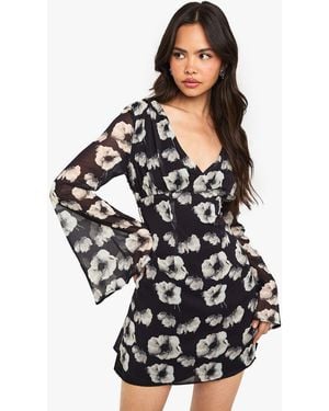 Boohoo Floral Chiffon Plunge Mini Dress - Black