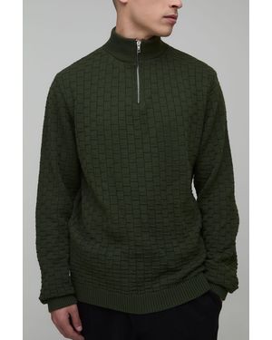 BoohooMAN Regular Fit Geo Knitted 1/4 Zip Jumper - Green